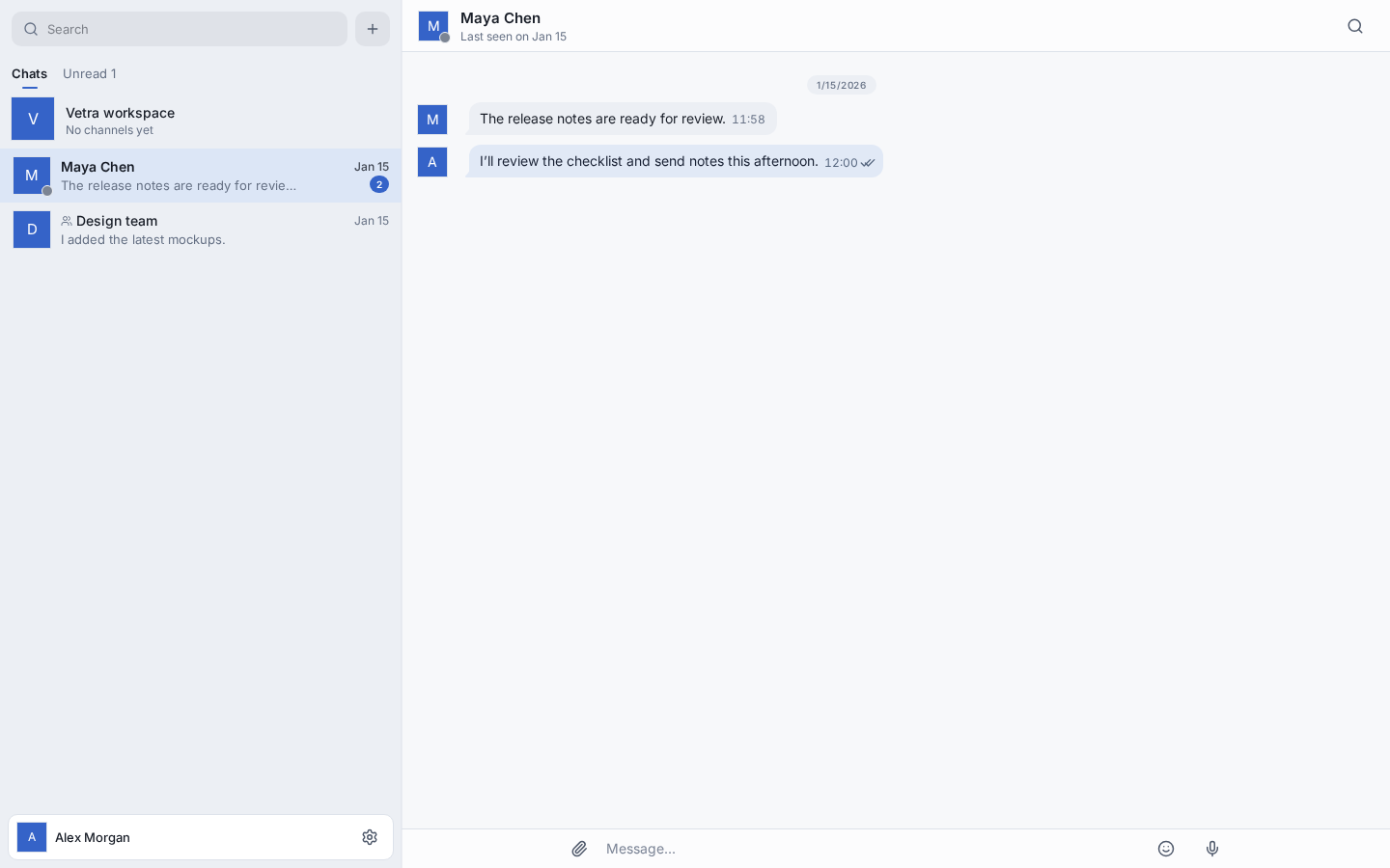 Vetra desktop messenger interface with a direct conversation open. All names and messages shown are demonstration data.